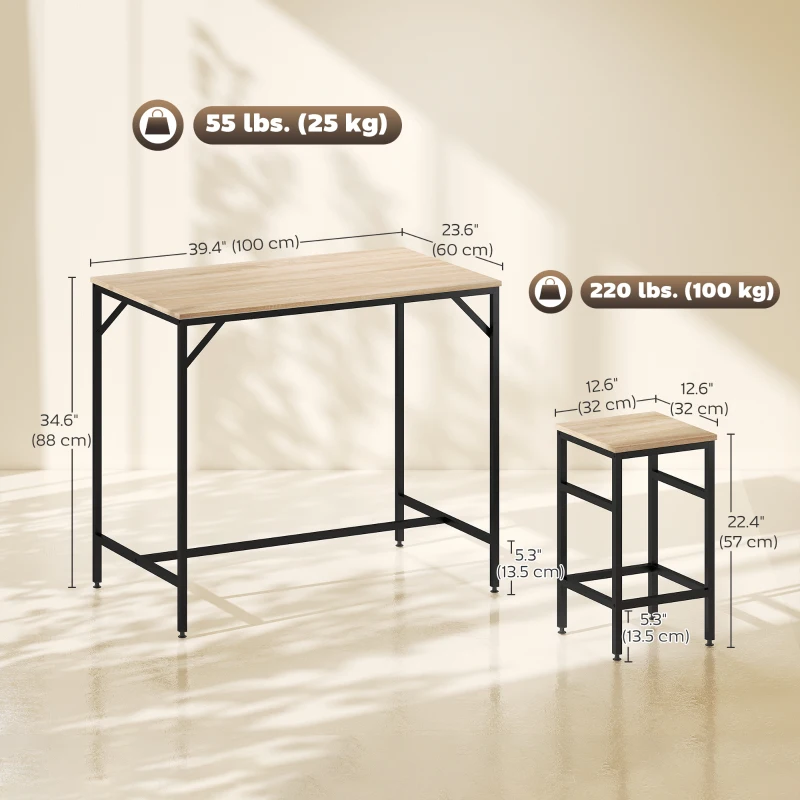 HOMCOM 5 Pieces Industrial Rectangular Bar Table Set, Dining Table Set Breakfast Table with 4 Stools for Dining Room, Kitchen, Dinette, Oak