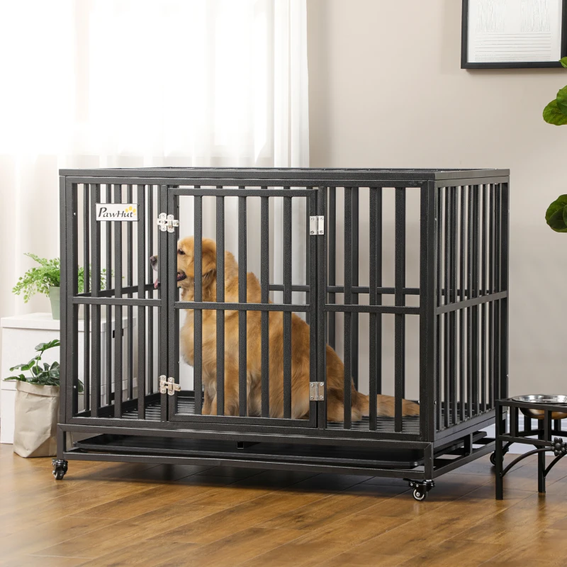 PawHut 44" Heavy Duty Steel Dog Crate Kennel Pet Cage with Wheels for Convenient Access Anti-Pinching Floor, Black
