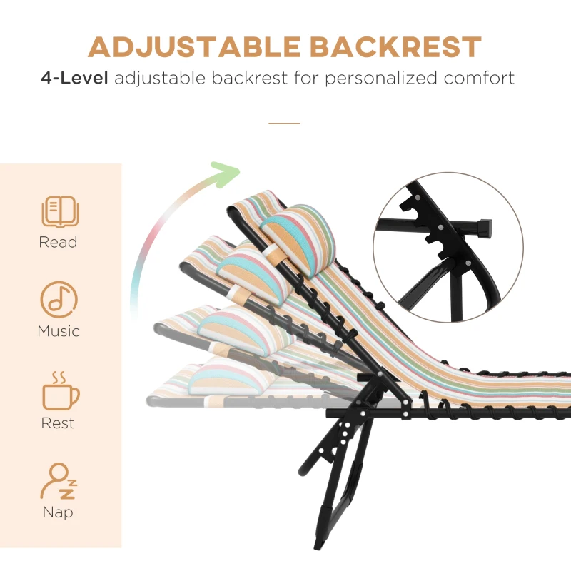 Outsunny 2pcs Folding Lounge Chair, Adjustable Chaise Lounge with Headrest, Reclining Lounger Cot for Camping, Multi-colored