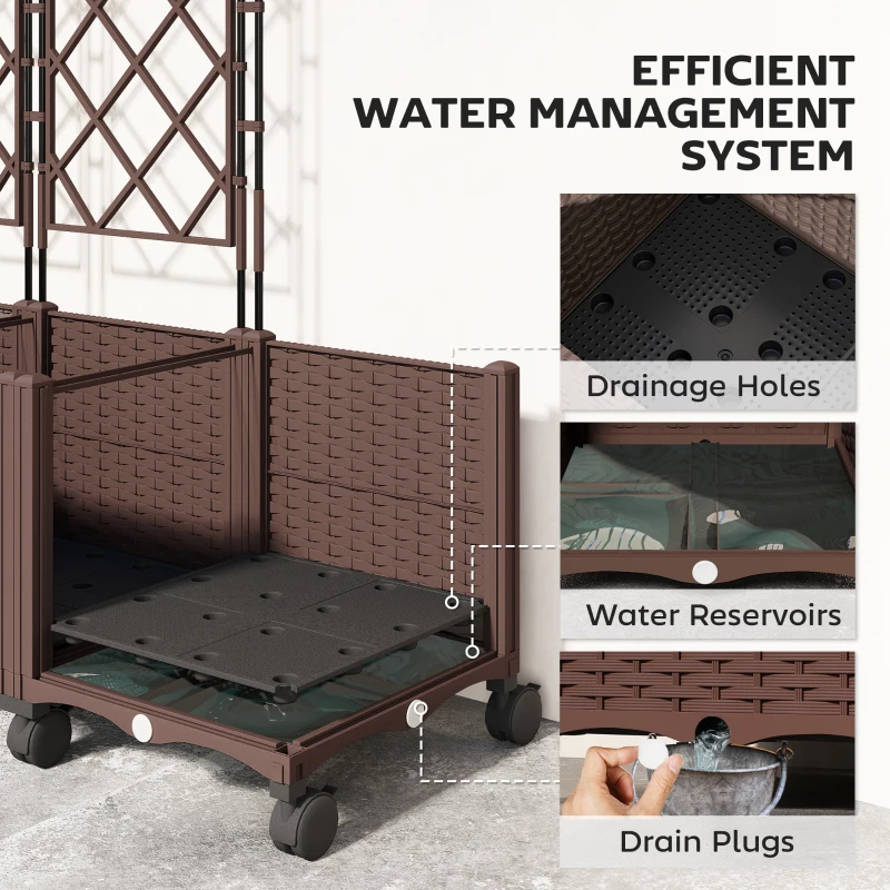 Outsunny Plastic Raised Garden Bed with Trellis, Self Watering Planter Box with Wheels, Drainage Holes and Plugs