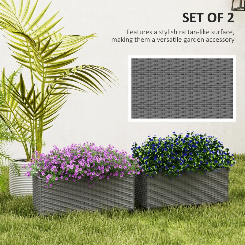 Outsunny 2 Pack 20 Inch Hanging Flower Pots, Railing Planter Box for Fence, Garden, Rattan Look, Grey