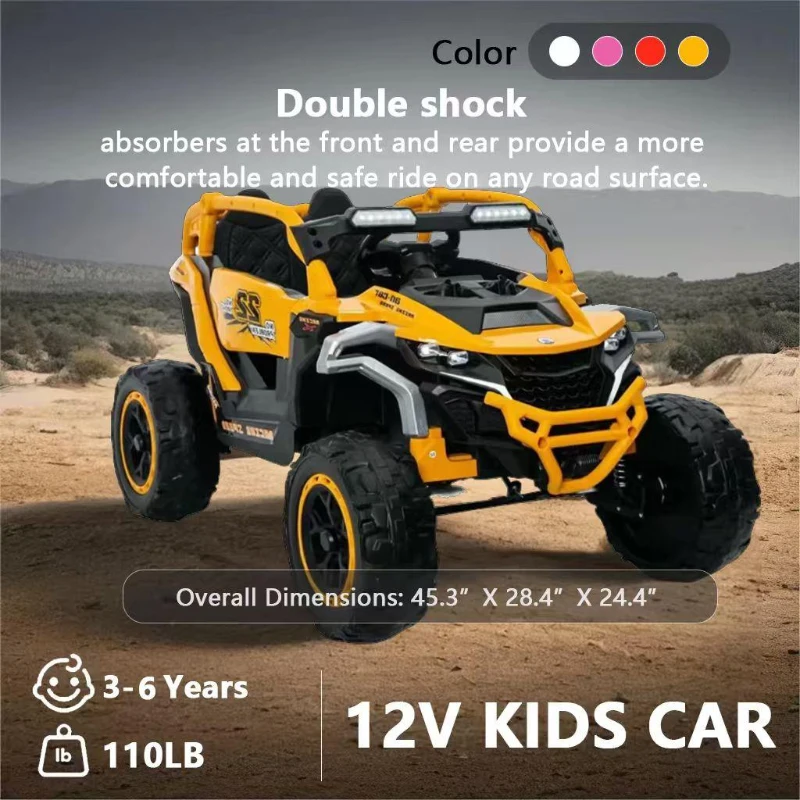 12V 2-Seater Kids Electric UTV Ride-On with Remote Control, Electric Go-Kart with Music & Flashlights, 45.5" L x 28.5" W x 24.5" H, Yellow+Black