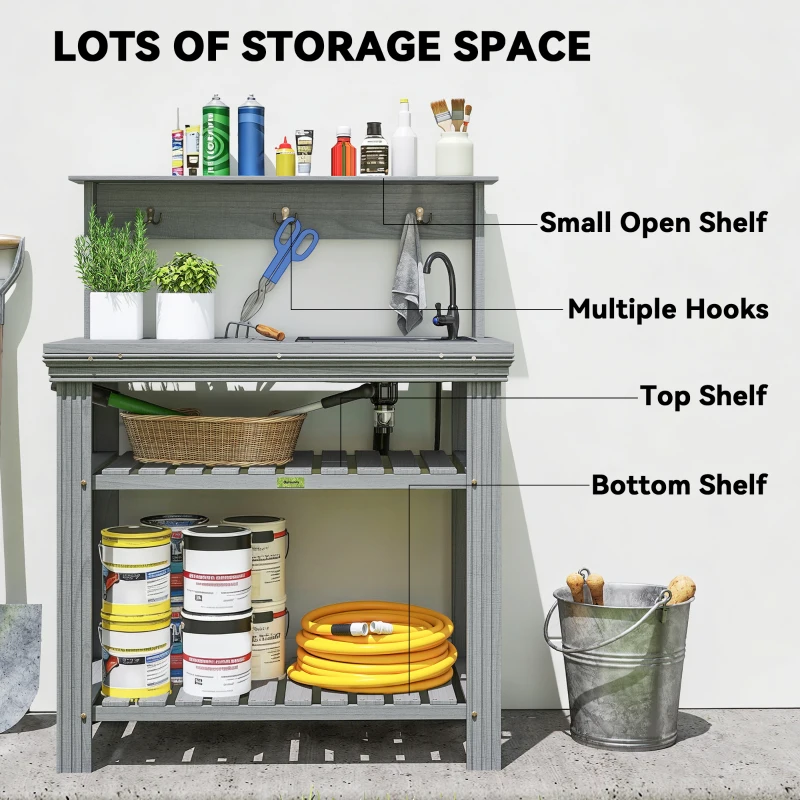 Outsunny Outdoor Potting Bench Table with Faucet, Removable Sink, Hooks and Storage Shelves, Wood Work Bench Workstation, Grey