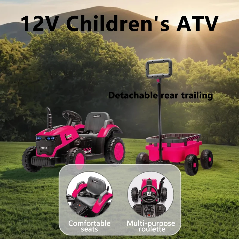 12V Kids Electric Ride-On Tractor with Bluetooth Music, 2-in-1 Tilting Trailer Bulldozer with Remote Control, 56.5" L x 19.5" W x 35" H, Magenta