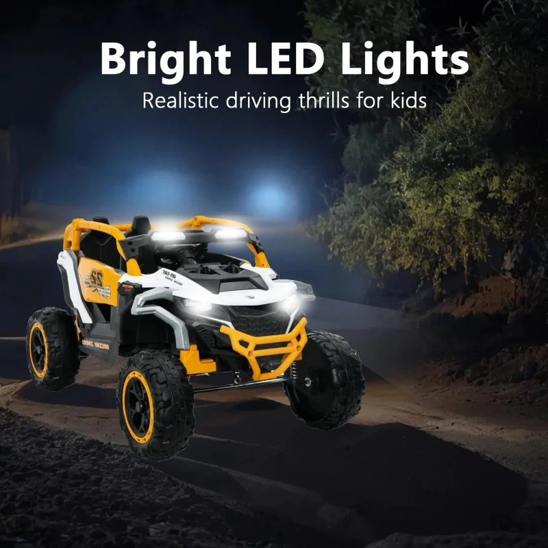 12V 2-Seater Kids Electric UTV Ride-On with Remote Control, Electric Go-Kart with Music & Flashlights, 45.5" L x 28.5" W x 24.5" H, Yellow+White