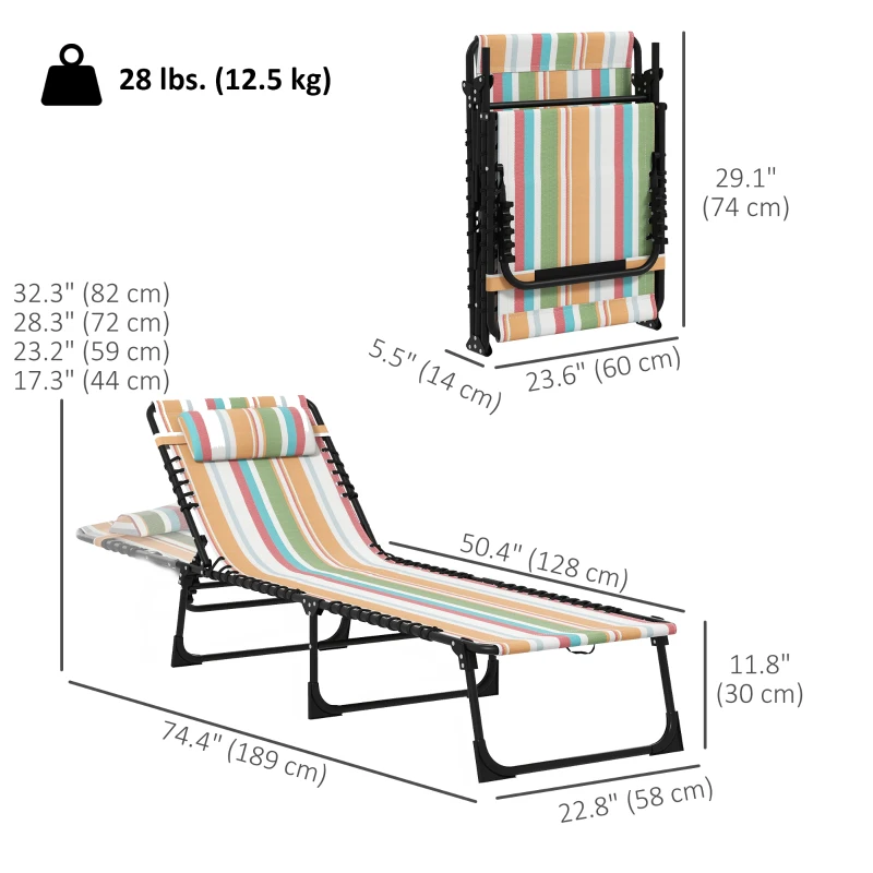 Outsunny 2pcs Folding Lounge Chair, Adjustable Chaise Lounge with Headrest, Reclining Lounger Cot for Camping, Multi-colored