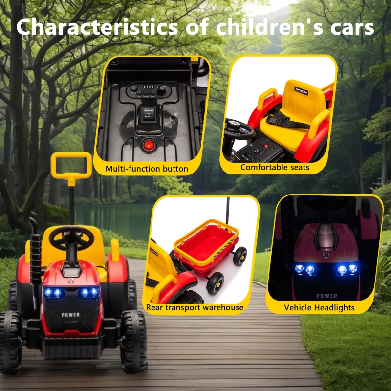 12V Kids Electric Ride-On Tractor with Bluetooth Music, 2-in-1 Tilting Trailer Bulldozer with Remote Control, 56.5" L x 19.5" W x 35" H, Red