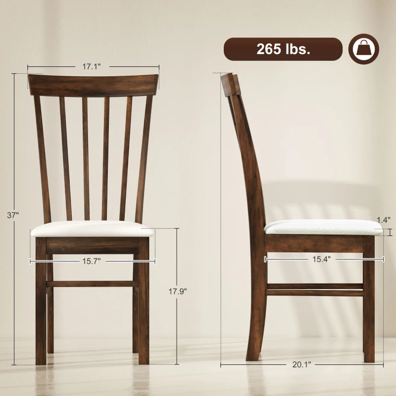 HOMCOM Wooden Dining Chairs Set of 4, Farmhouse Upholstered Kitchen Chairs with Rubber Wood Frame, Dark Brown and Beige