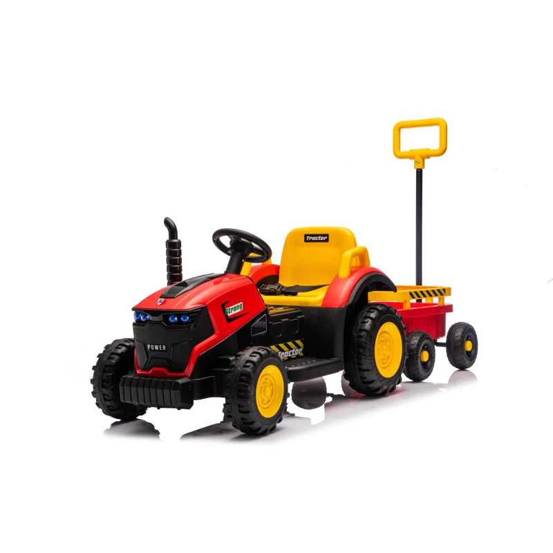 12V Kids Electric Ride-On Tractor with Bluetooth Music, 2-in-1 Tilting Trailer Bulldozer with Remote Control, 56.5" L x 19.5" W x 35" H, Red