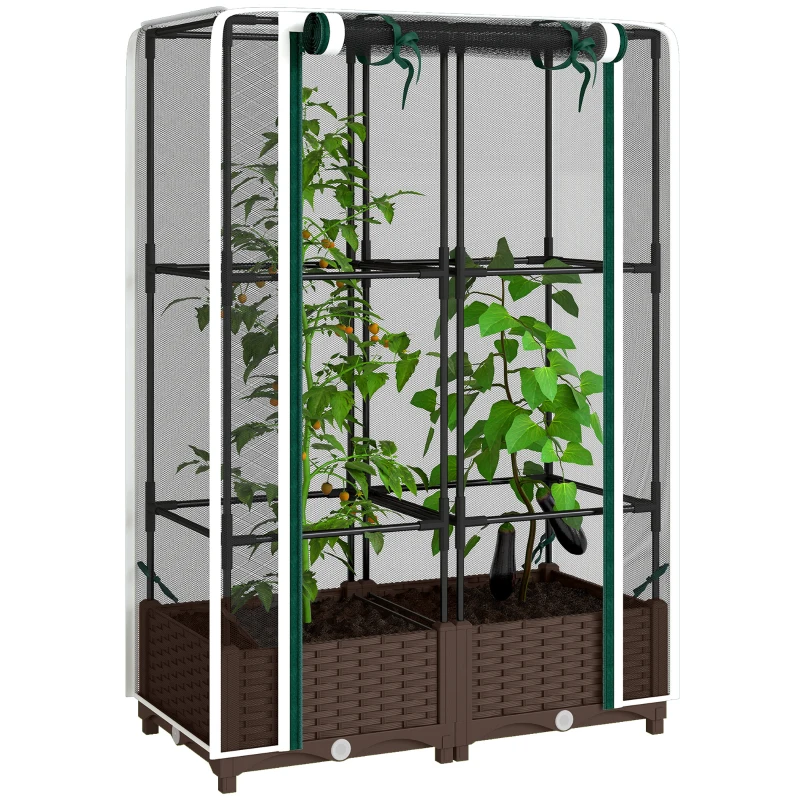 Outsunny Raised Garden Bed with Trellis, 46.5" Tomato Cage with Crop Cage, Self Watering Planter Box with Drainage Holes, White