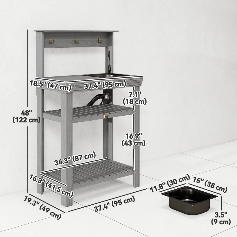 Outsunny Outdoor Potting Bench Table with Faucet, Removable Sink, Hooks and Storage Shelves, Wood Work Bench Workstation, Grey