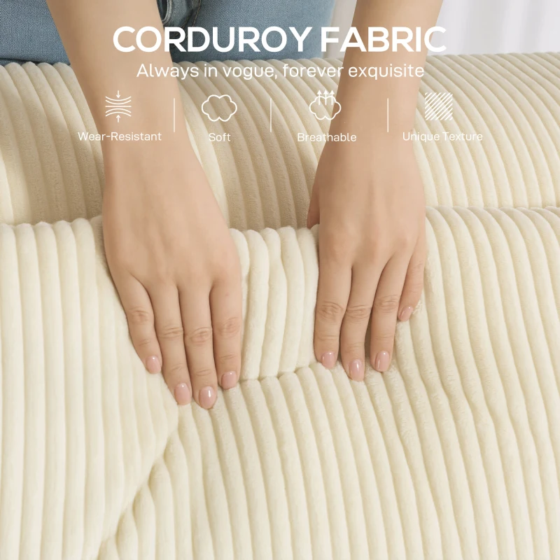 HOMCOM Boneless Couch, Corduroy 3 Seater Sofa with Deep Seat, Wide Armrests, 2 Pillows, Quick Assembly for Living Room, Beige