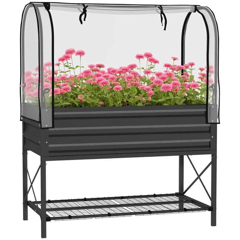 Outsunny Raised Garden Bed with Cover, Metal Elevated Planter Box with Bottom Shelf and Liner, Black