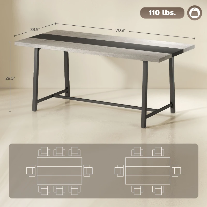 HOMCOM Industrial Kitchen Table for 8 People, 70.9" Long Dining Table with Large Tabletop and Steel Legs for Dining Room, Gray