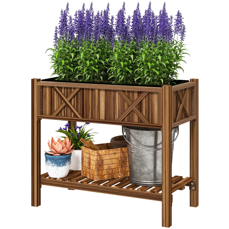 Outsunny Wooden Raised Garden Bed, Elevated Planter Box with Storage Shelf, Drainage Holes and Liner, 34"x18"x30", Carbonized