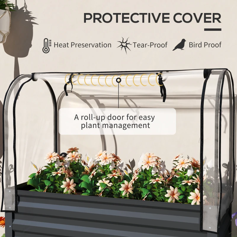 Outsunny Raised Garden Bed with Cover, Metal Elevated Planter Box with Bottom Shelf and Liner, Dark Grey