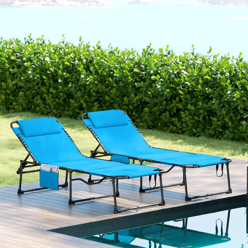 Outsunny 2 Piece Folding Chaise Lounge Pool Chairs with 5-level Reclining Back, Reading Hole, Side Pocket, Blue