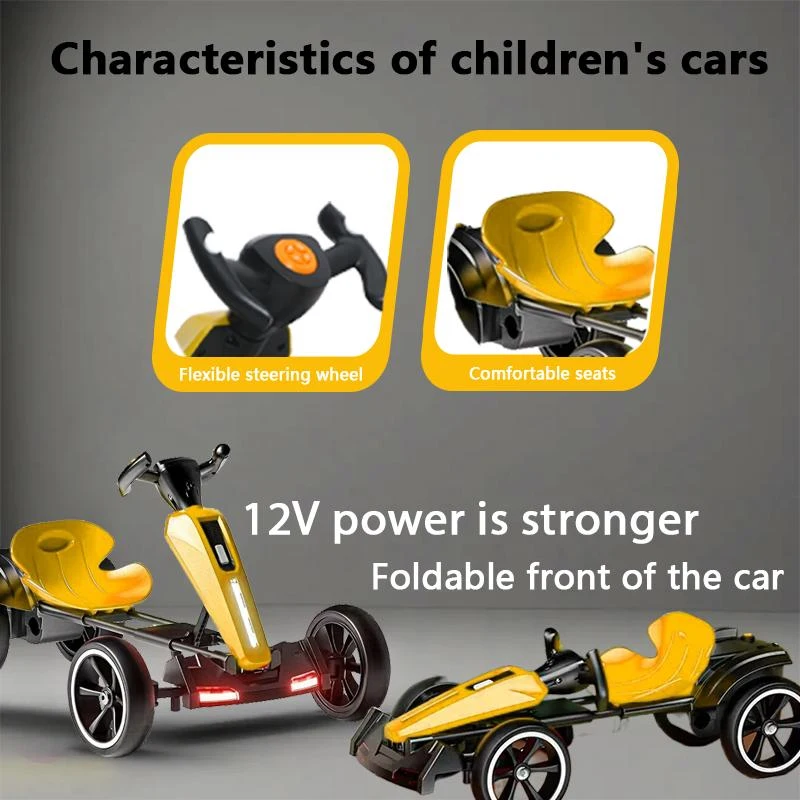 12V Electric Pedal Go-Kart for Kids with Adjustable High-Back Seat, Ride-On Truck with Music/Flashing Lights, 38'' L x 22.5'' W x 19.5'' H, Yellow