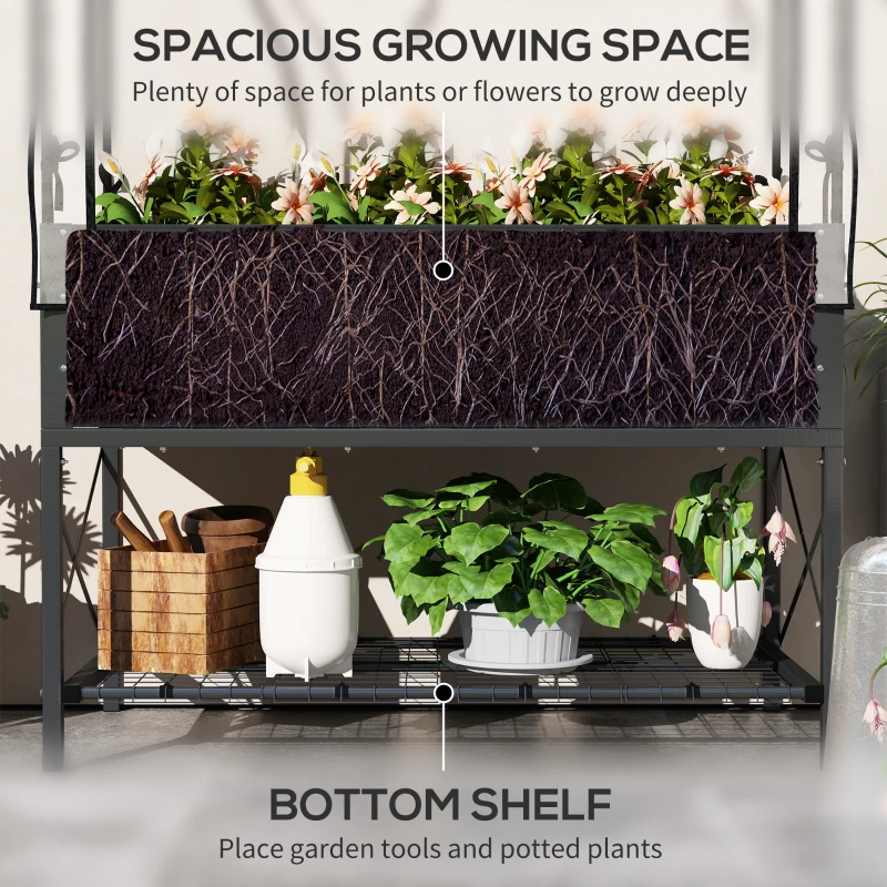 Outsunny Raised Garden Bed with Cover, Metal Elevated Planter Box with Bottom Shelf and Liner, Dark Grey