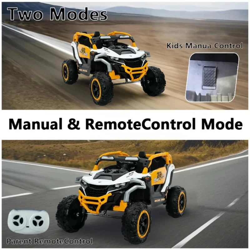 12V 2-Seater Kids Electric UTV Ride-On with Remote Control, Electric Go-Kart with Music & Flashlights, 45.5" L x 28.5" W x 24.5" H, Yellow+White