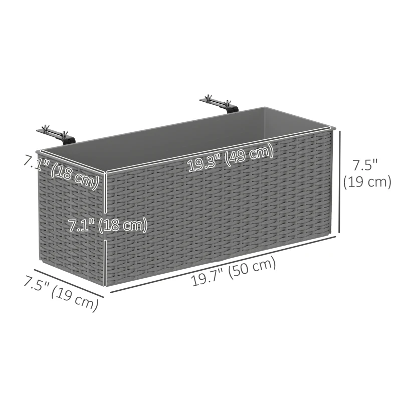 Outsunny 2 Pack 20 Inch Hanging Flower Pots, Railing Planter Box for Fence, Garden, Rattan Look, Grey