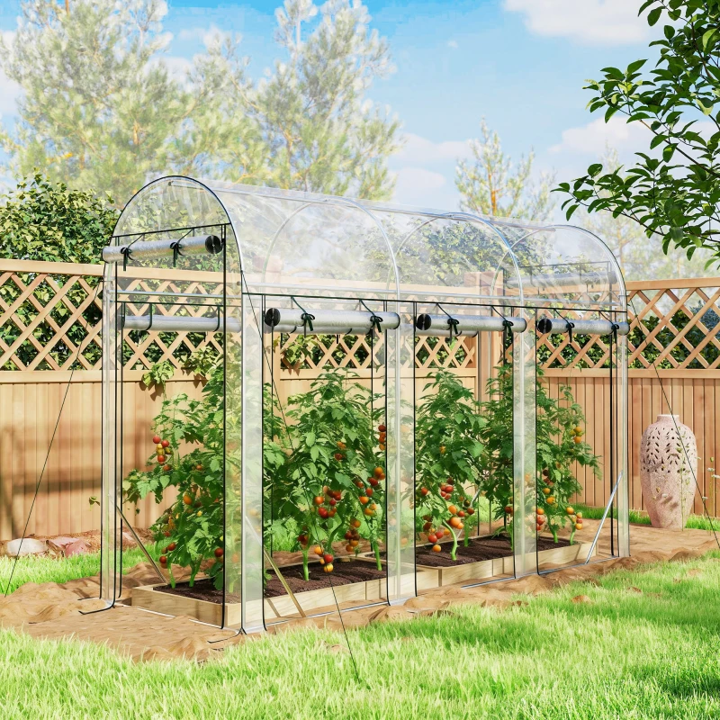 Outsunny Walk-in Tunnel Greenhouse, Hoop House Greenhouse with 8 Roll-Up Doors, 10' x 3' x 6.5', Clear