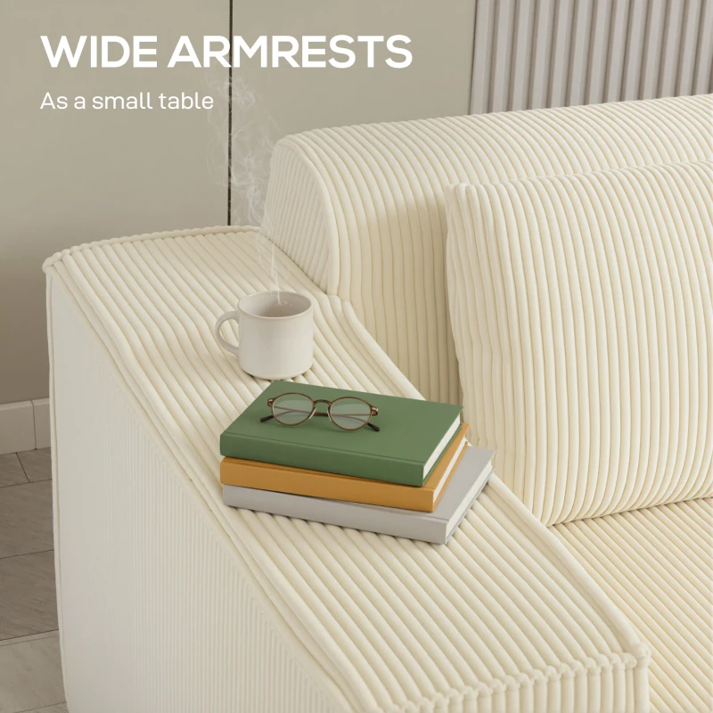 HOMCOM Boneless Couch, Corduroy 3 Seater Sofa with Deep Seat, Wide Armrests, 2 Pillows, Quick Assembly for Living Room, Beige