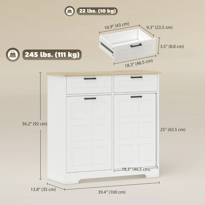 HOMCOM 7 Gallon Tilt Out Garbage Cabinet, Kitchen Island with Trash Cabinet, 2 Drawers, Door Racks, Adjustable Shelves, White