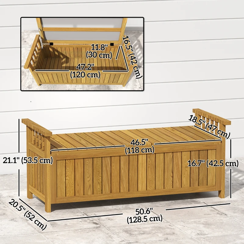 Outsunny Wooden Bench with Storage Box, Outdoor Exterior Bench with Armrests for Patio Garden Balcony, Brown