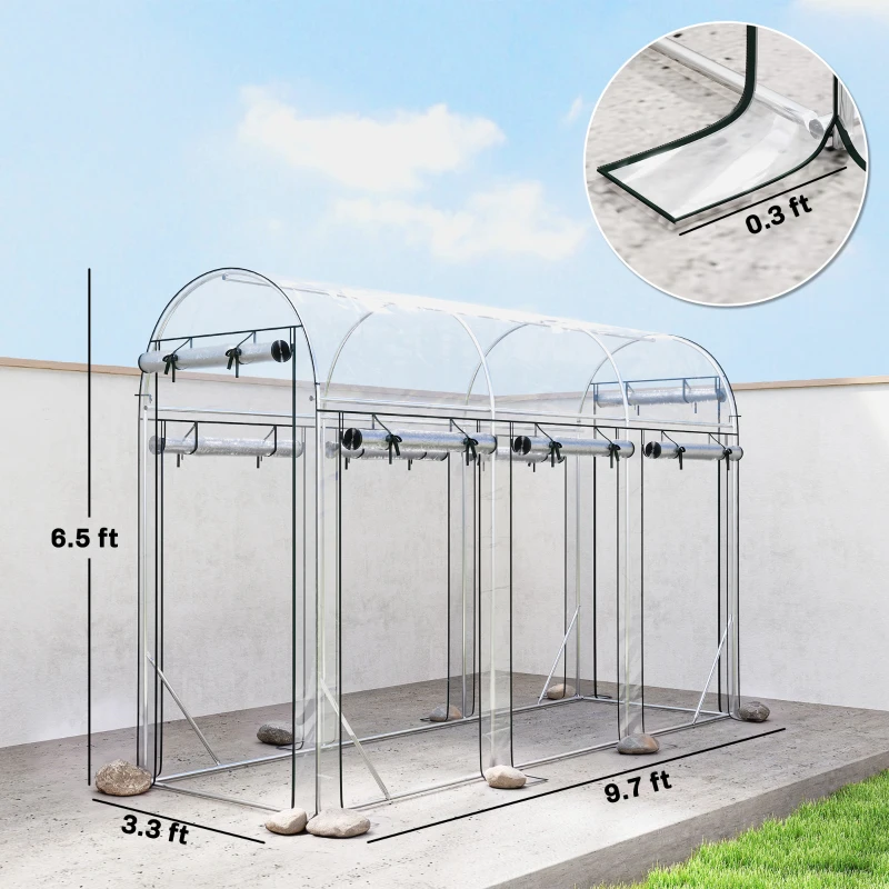 Outsunny Walk-in Tunnel Greenhouse, Hoop House Greenhouse with 8 Roll-Up Doors, 10' x 3' x 6.5', Clear