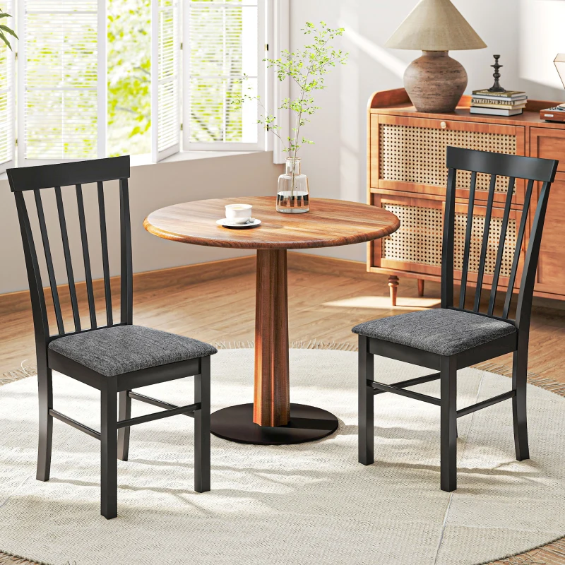 HOMCOM Wooden Dining Chairs Set of 2, Farmhouse Upholstered Kitchen Chairs with Rubber Wood Frame, Black and Gray