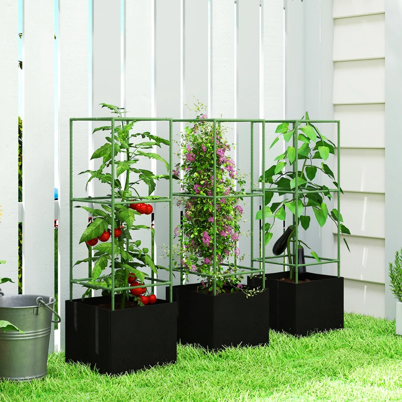 Outsunny 3 Packs Tomato Cages with 13.5 Gallon Grow Bags, Adjustable Square Plant Support Trellis