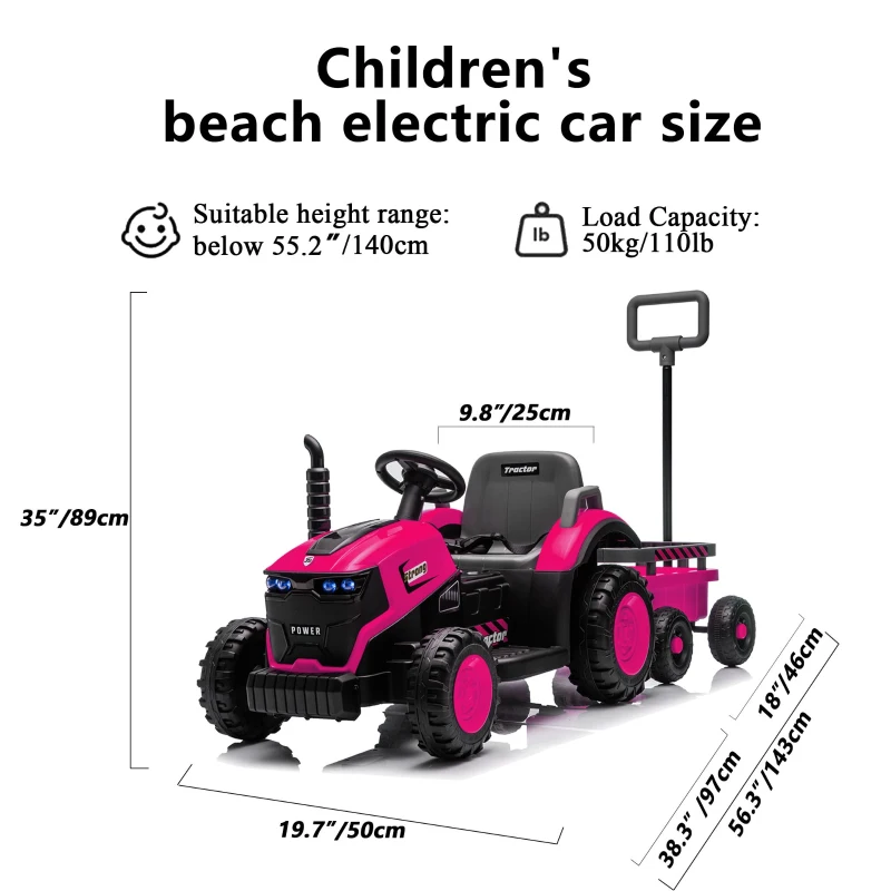 12V Kids Electric Ride-On Tractor with Bluetooth Music, 2-in-1 Tilting Trailer Bulldozer with Remote Control, 56.5" L x 19.5" W x 35" H, Magenta