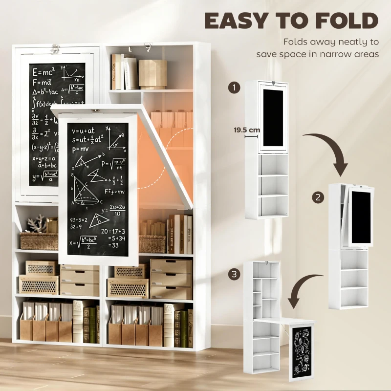 HOMCOM Fold-out Convertible Office Desk, Wall Mount Computer Desk with Blackboard and Side Shelf, White