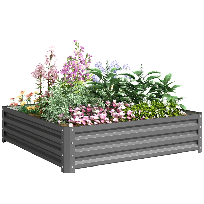 Outsunny 4' x 4' x 1' Raised Garden Bed Galvanized Steel Planter Box for Vegetables, Flowers, Herbs, Light Grey