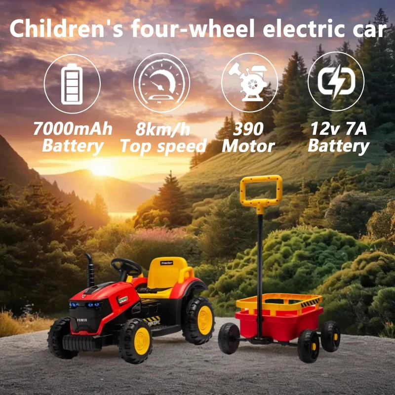 12V Kids Electric Ride-On Tractor with Bluetooth Music, 2-in-1 Tilting Trailer Bulldozer with Remote Control, 56.5" L x 19.5" W x 35" H, Red