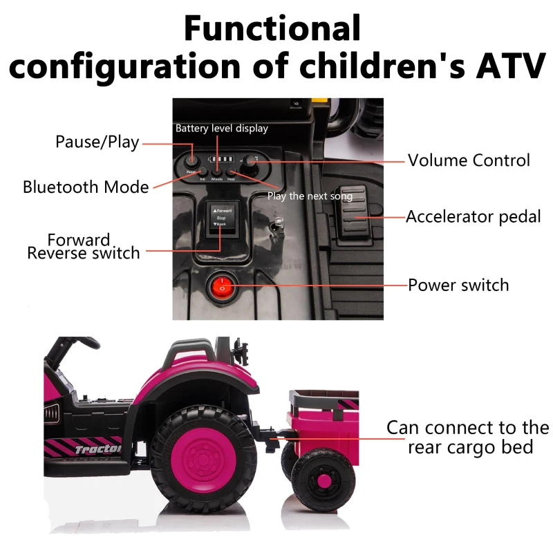 12V Kids Electric Ride-On Tractor with Bluetooth Music, 2-in-1 Tilting Trailer Bulldozer with Remote Control, 56.5" L x 19.5" W x 35" H, Magenta