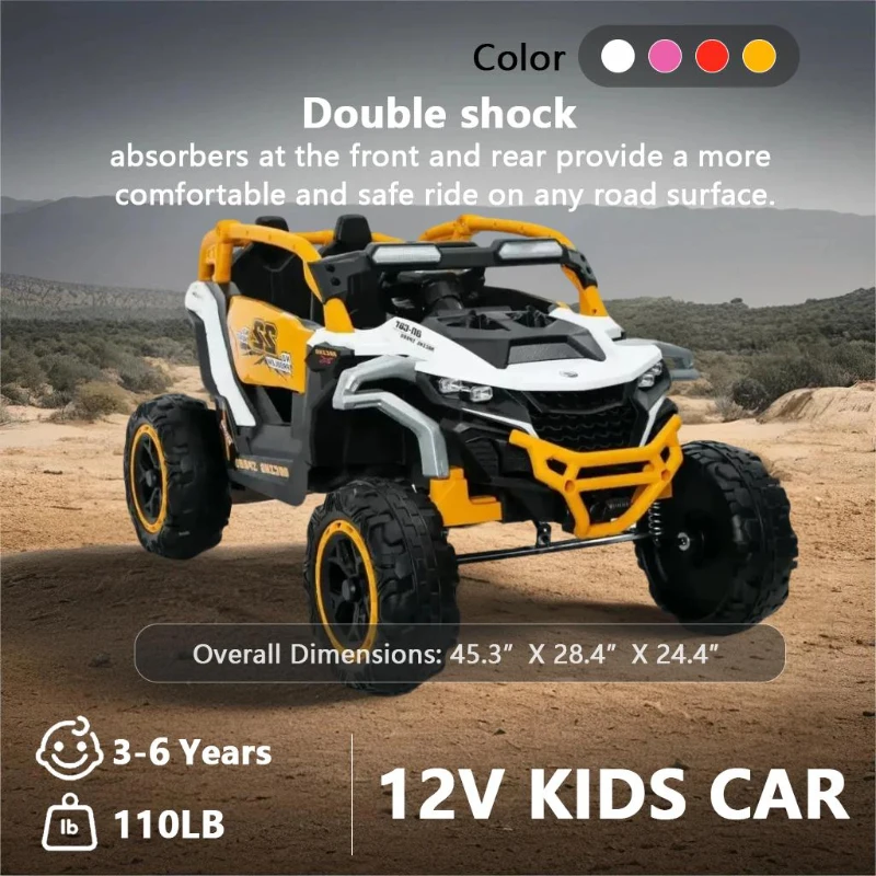 12V 2-Seater Kids Electric UTV Ride-On with Remote Control, Electric Go-Kart with Music & Flashlights, 45.5" L x 28.5" W x 24.5" H, Yellow+White
