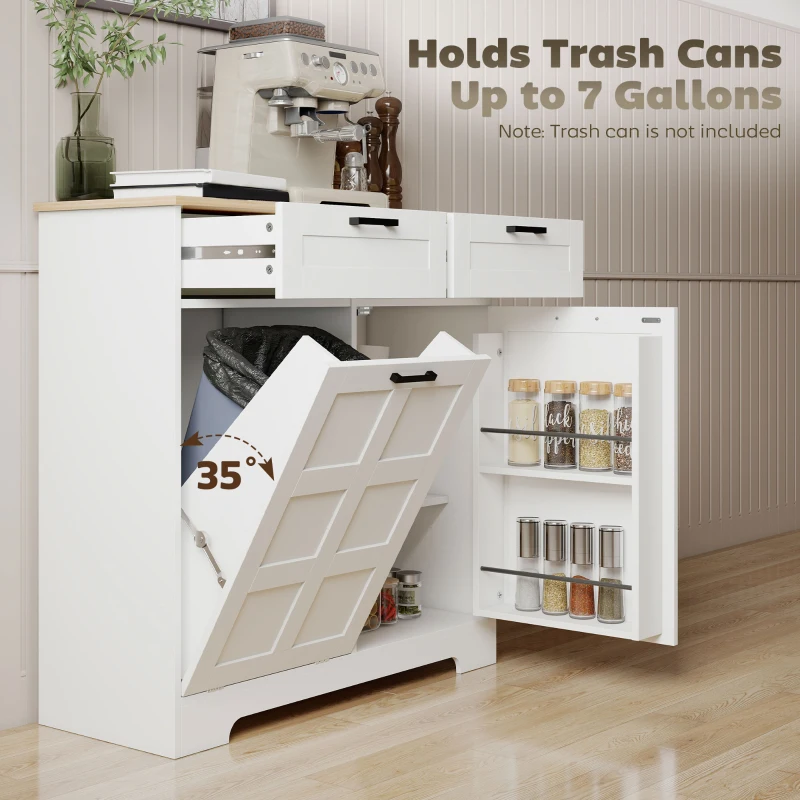 HOMCOM 7 Gallon Tilt Out Garbage Cabinet, Kitchen Island with Trash Cabinet, 2 Drawers, Door Racks, Adjustable Shelves, White