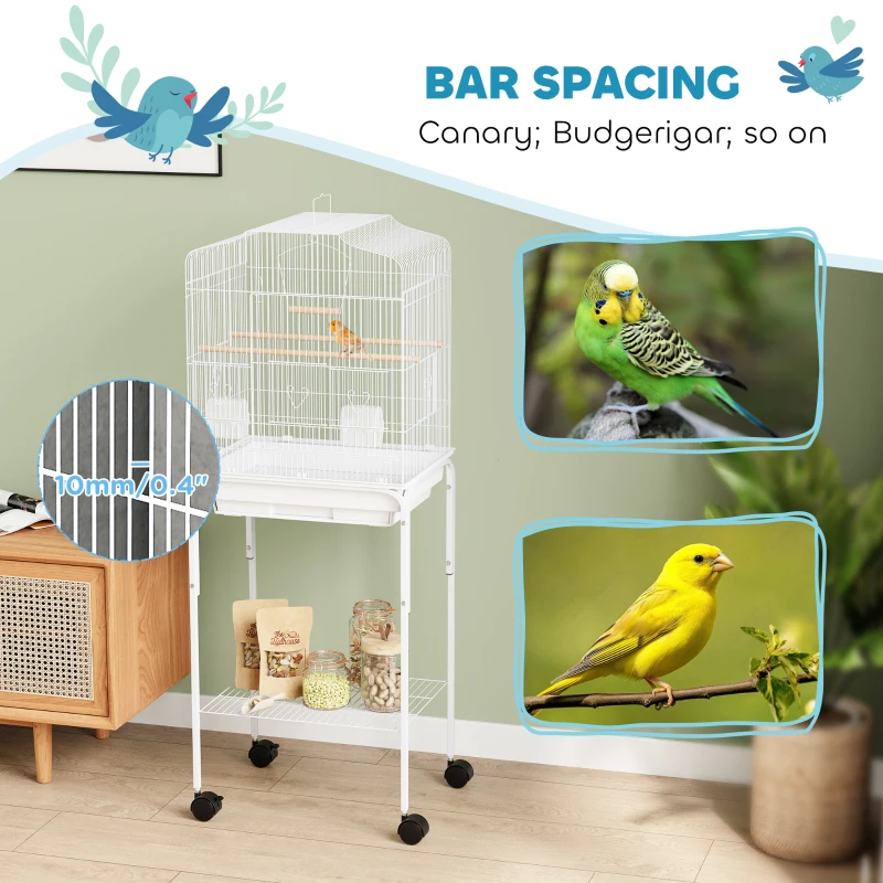 PawHut 49" Rolling Bird Cage Cockatoo House Play Top Finch Pet Supply with Storage Shelf, Wheels - White
