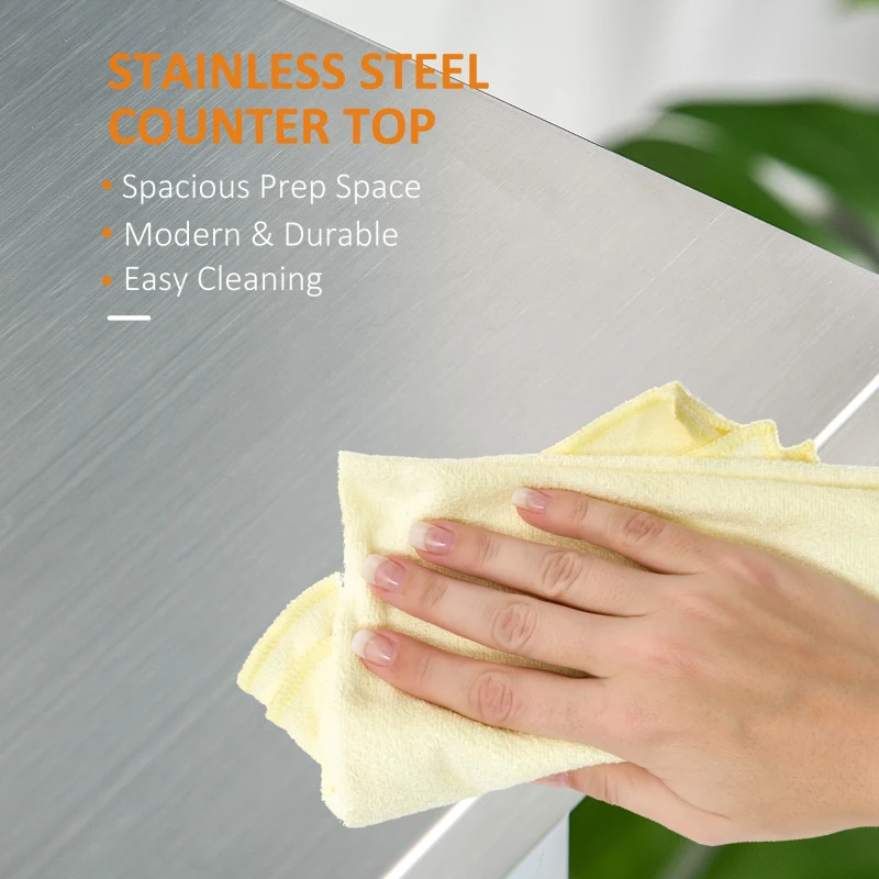 HOMCOM Kitchen Island with Stainless Steel Top, Traditional Kitchen Island with Storage, Butcher Block Cart 2-Tier Open Shelves, Drawers, Light Gray