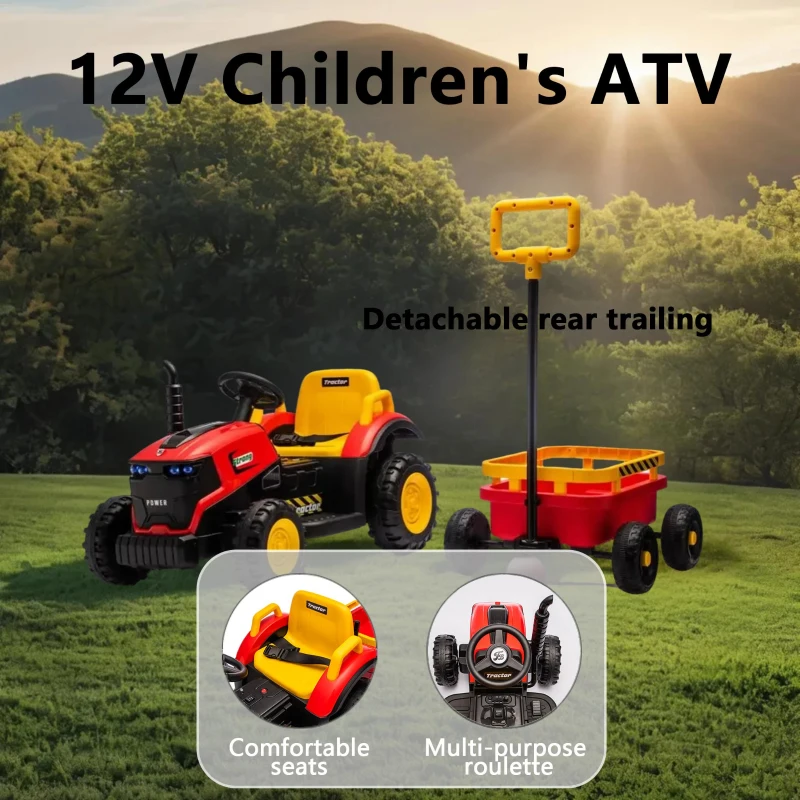 12V Kids Electric Ride-On Tractor with Bluetooth Music, 2-in-1 Tilting Trailer Bulldozer with Remote Control, 56.5" L x 19.5" W x 35" H, Red