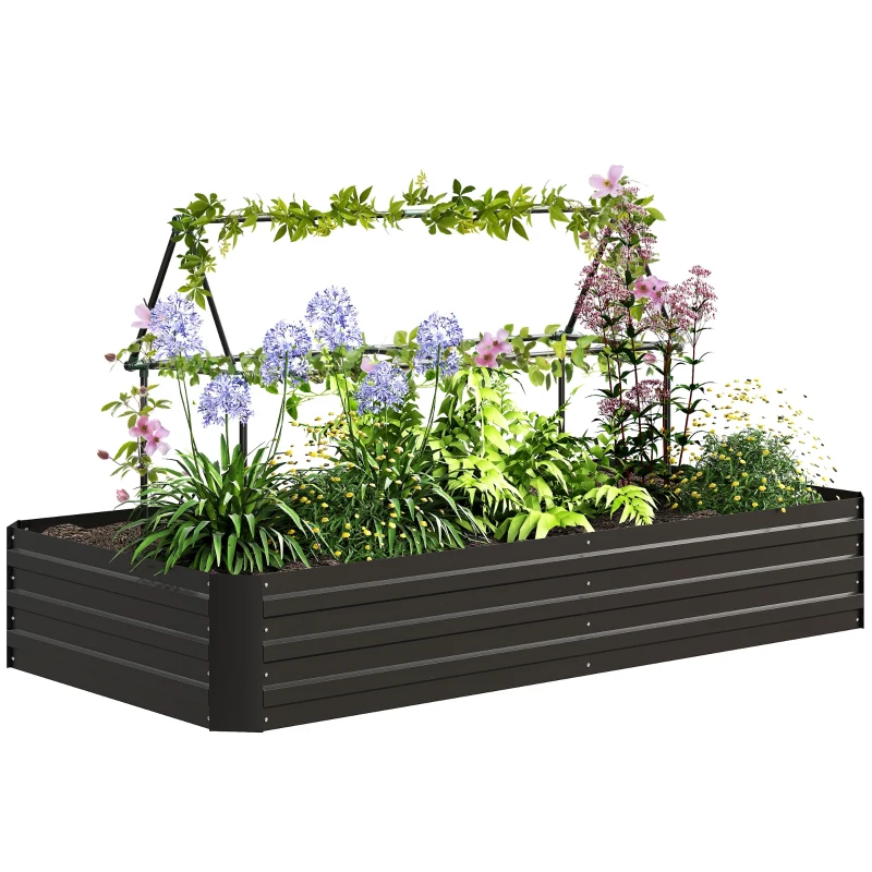 Outsunny 6' x 3' x 1' Raised Garden Bed with 2 Trellis Tomato Cages, Steel Frame Elevated Planter Box, Black