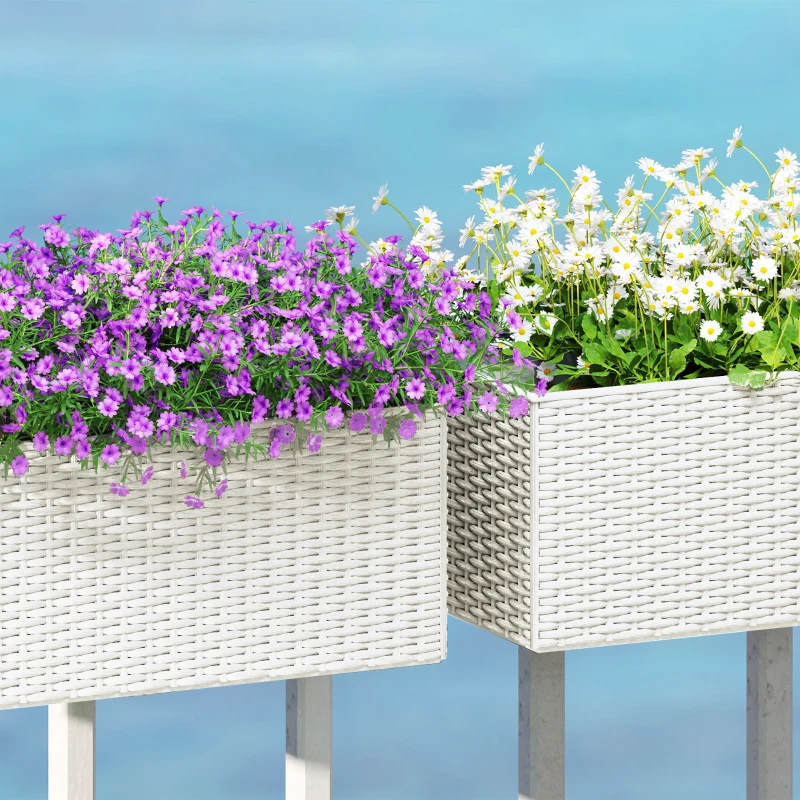 Outsunny 2 Pack 20 Inch Hanging Flower Pots, Railing Planter Box for Fence, Garden, Rattan Look, White