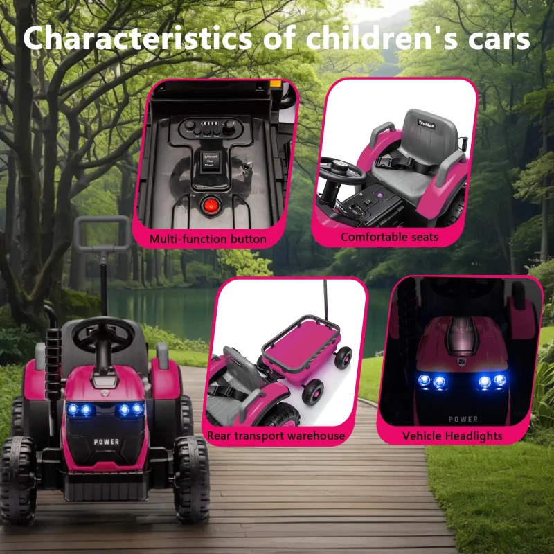 12V Kids Electric Ride-On Tractor with Bluetooth Music, 2-in-1 Tilting Trailer Bulldozer with Remote Control, 56.5" L x 19.5" W x 35" H, Magenta