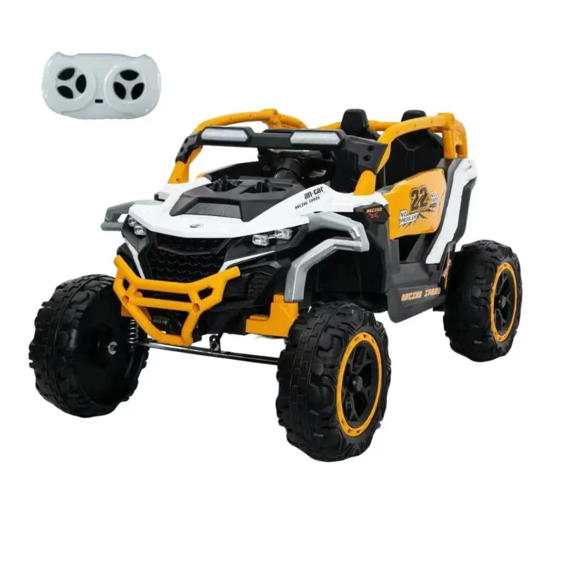 12V 2-Seater Kids Electric UTV Ride-On with Remote Control, Electric Go-Kart with Music & Flashlights, 45.5" L x 28.5" W x 24.5" H, Yellow+White