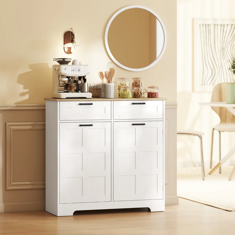 HOMCOM 7 Gallon Tilt Out Garbage Cabinet, Kitchen Island with Trash Cabinet, 2 Drawers, Door Racks, Adjustable Shelves, White
