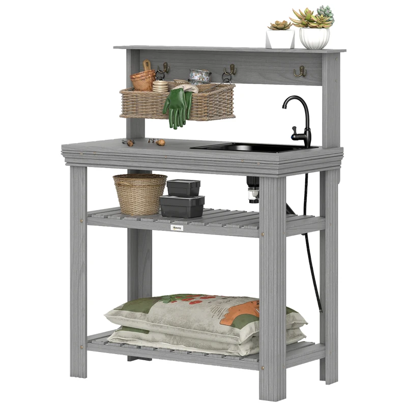 Outsunny Outdoor Potting Bench Table with Faucet, Removable Sink, Hooks and Storage Shelves, Wood Work Bench Workstation, Grey