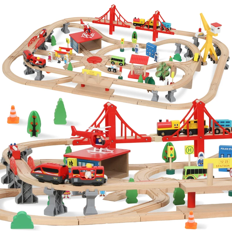 Qaba 133 Pcs Wooden Train Set with Track, Battery Towered Train, Crane, Bridge & Accessories, for Kids 3+ Years Old