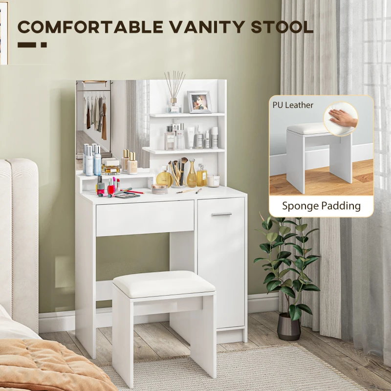 HOMCOM Vanity Set with Mirror and Stool, Makeup Vanity Table with Storage Drawer, Cabinet, Adjustable Shelf for Bedroom, White